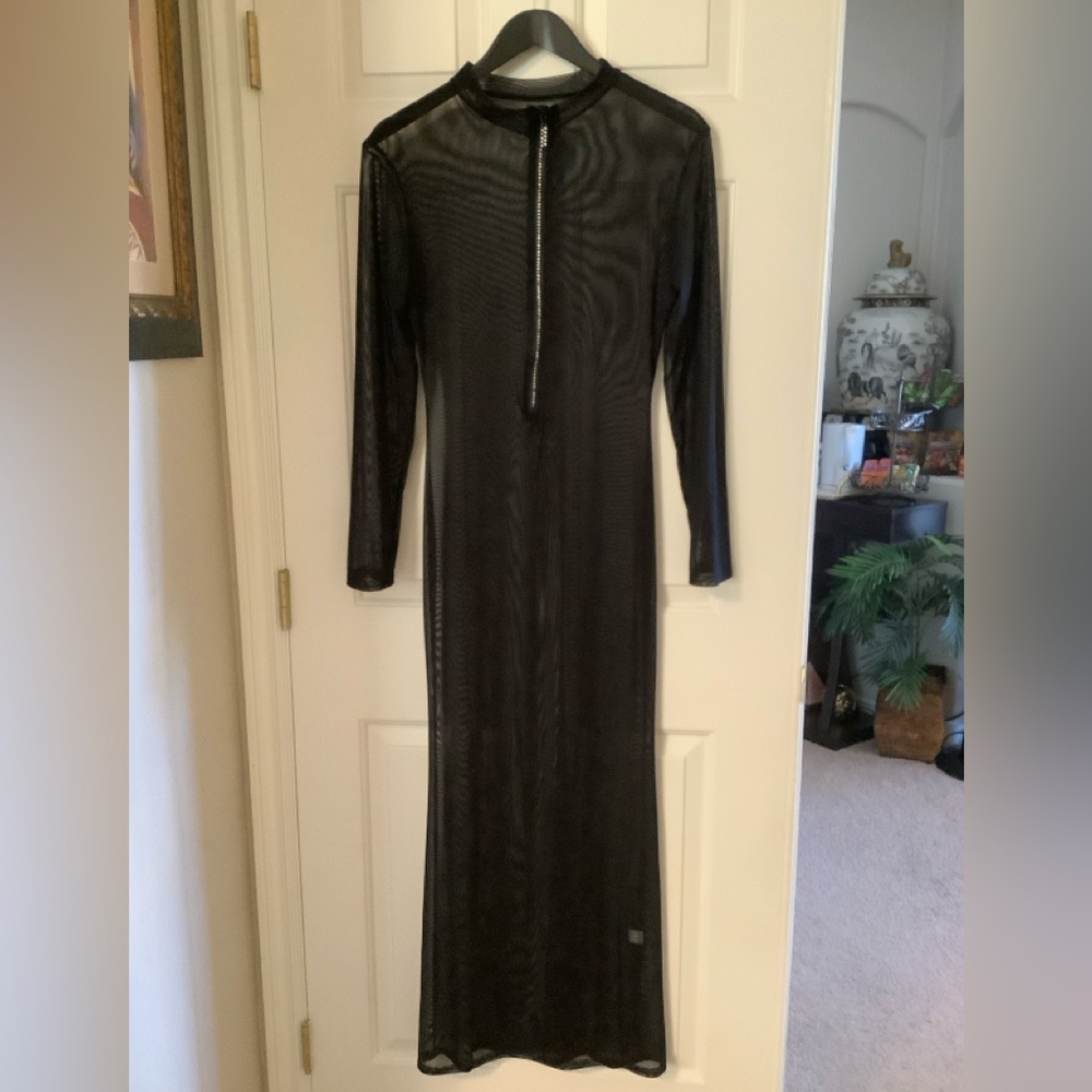 Elegant Black Long Sleeve sheer Dress with rhinestones zipper and matching panty